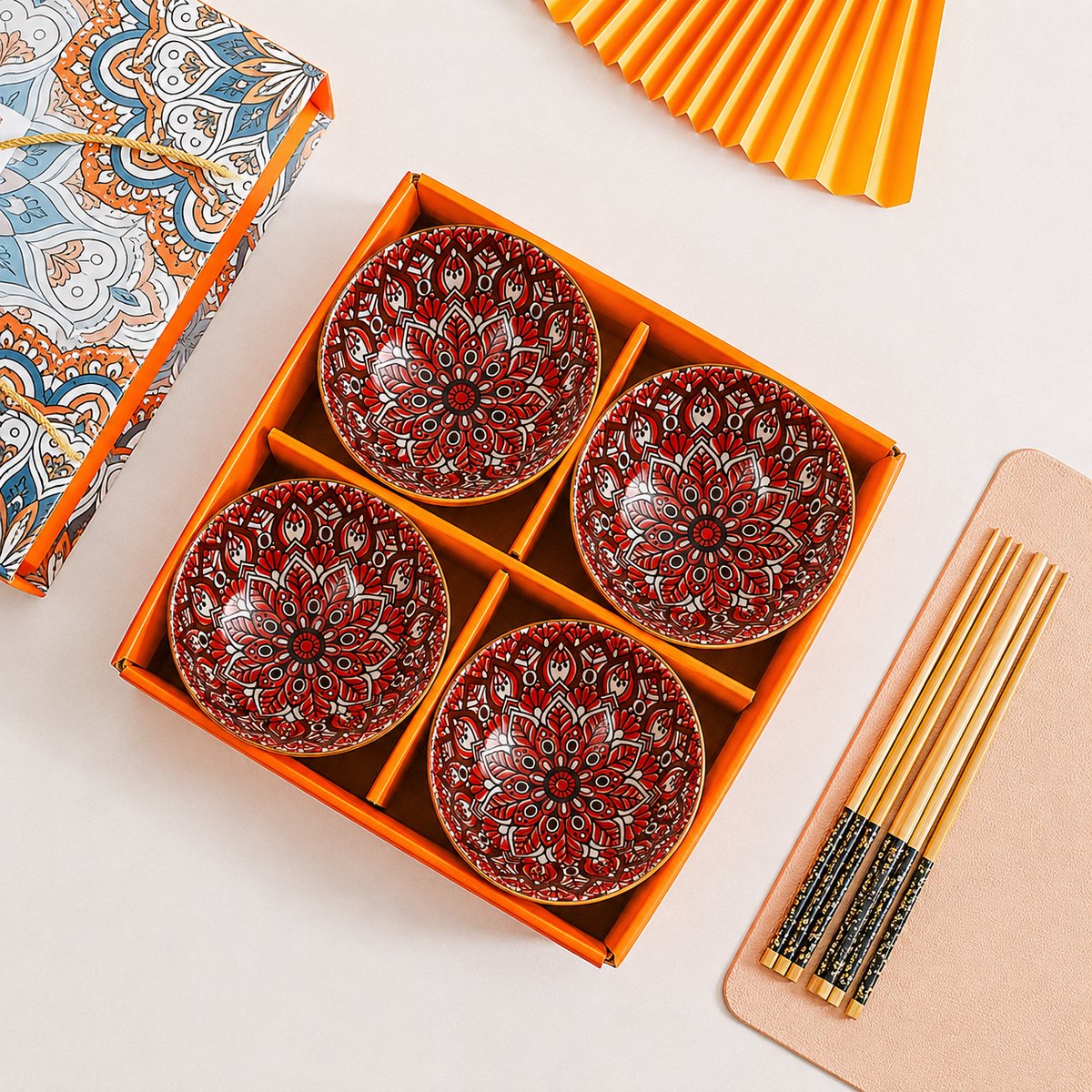 Snackschalen 4-delig – tapas schaaltjes – 225 ml – Luxe Geschenkset - Orientaals Rood