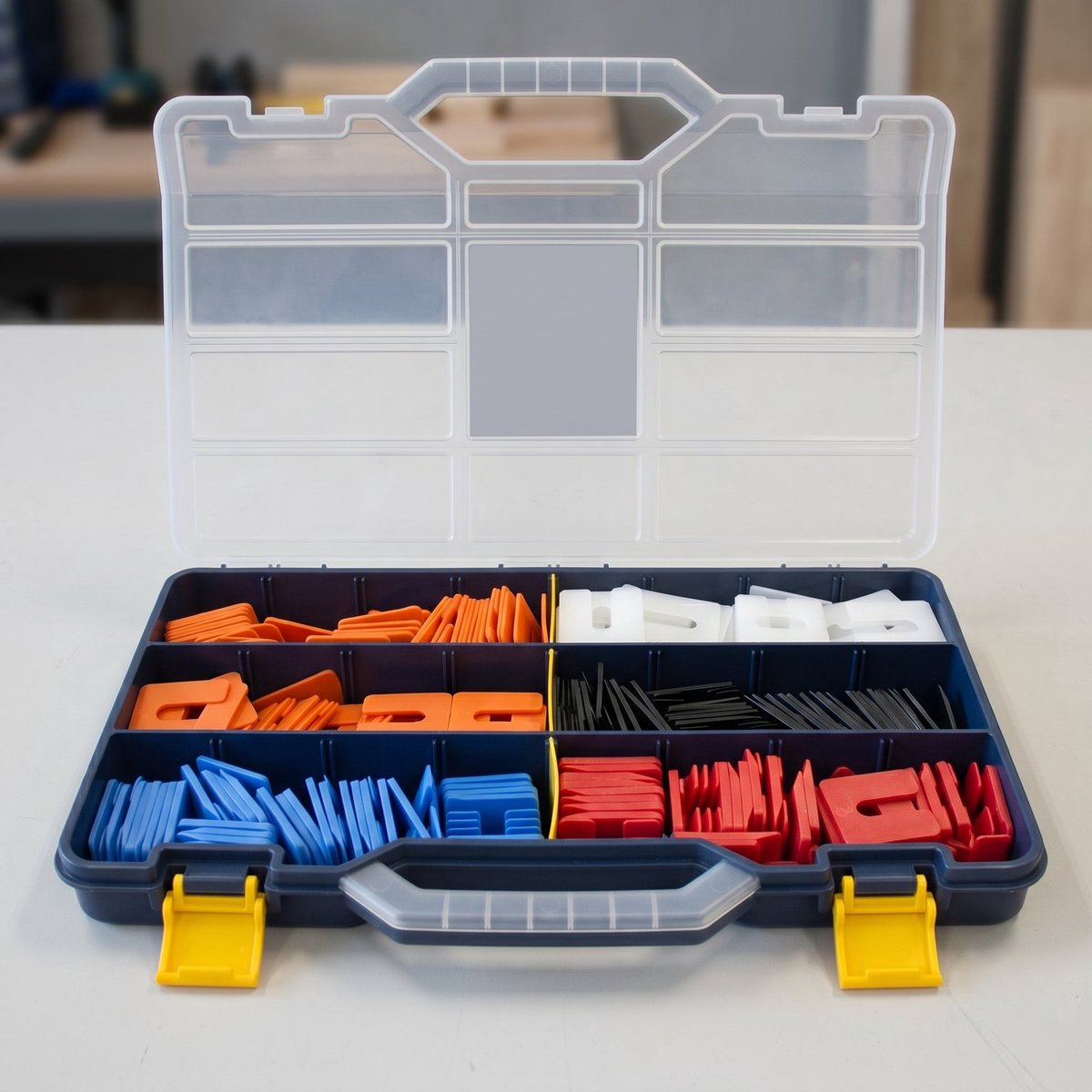 Cheqo® Uitvulplaatjes Assortimentskoffer - Stelplaatjes - Montagewiggen - Stelwiggen en Wiggen - Uitvulplaten - voor Kozijn en Vloer - Beglazing - Stelblokjes - Afstandhouders - Venstermontage - Montage - Vulplaatjes - Bouw