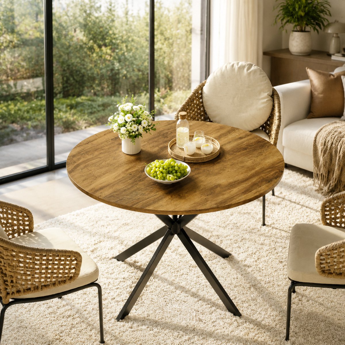 Ronde eettafel Industrieel - 120 x 120 x 78 cm - X-poot (Kruispoot) - Keukentafel voor Eetkamer & Thuiswerkplek - Bruin/Zwart