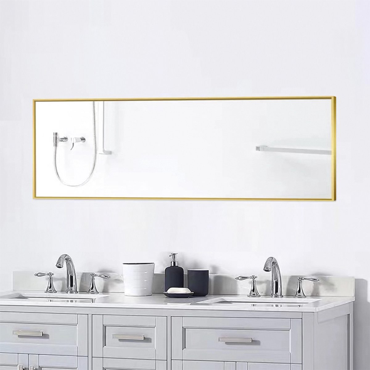 Staande spiegel 150x40cm, grote spiegel met gouden aluminium frame, grote wandspiegel om te staan of op te hangen voor woonkamer en slaapkamer