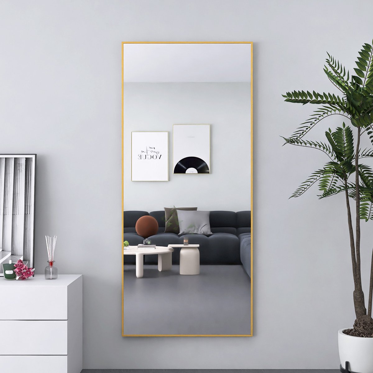 Staande spiegel 180x80cm, grote spiegel met gouden aluminium frame, grote wandspiegel (staand of hangend) voor woonkamer en slaapkamer