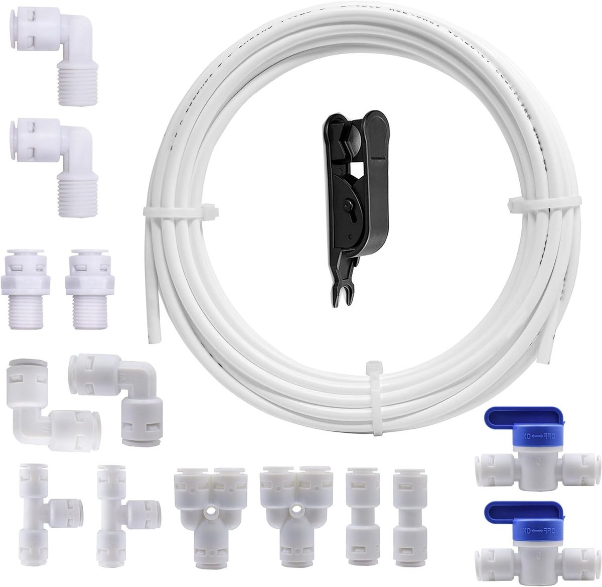 Universele 10 meter wateraansluitset voor RO-filters, 14-delige set voor 1/4 inch slangen, inclusief afsluitklep en diverse aansluitingen