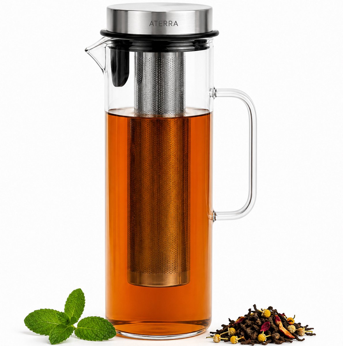 Aterra Waterkan Glas 1,5L met RVS Infuser (Karaf) - Borosilicaatglas - Hittebestendig - Losse Thee, Cold Brew & Fruitwater - BPA-vrij - Druppelvrij - Vaatwasmachinebestendig - Past in Koelkast — afbeelding 1
