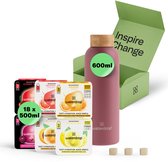 Een waterdrop starterset met een matroze thermosfles van 600ml, zes pakjes waterdrop en een open groene doos met de tekst 'Inspire Change'.
