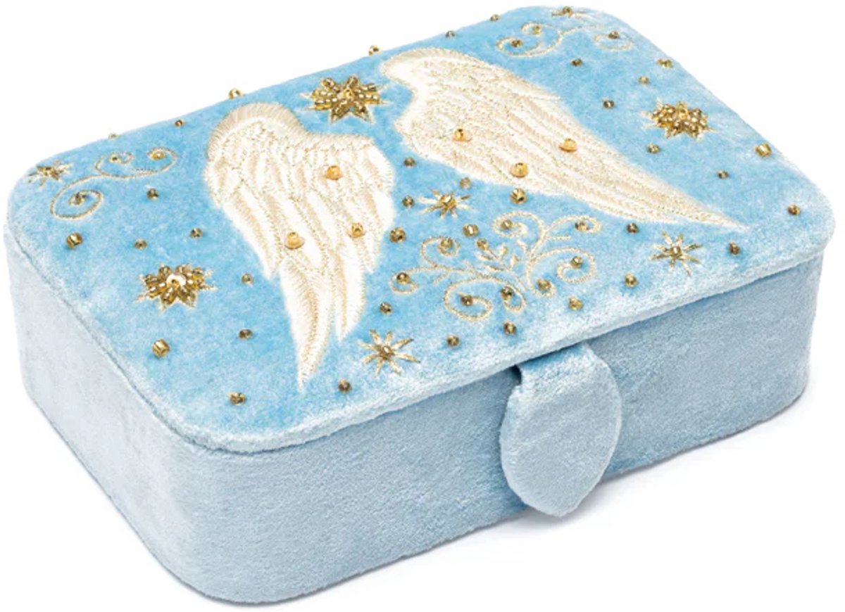 Sieraden / tarotdoos fluweel blauw met engelenvleugels