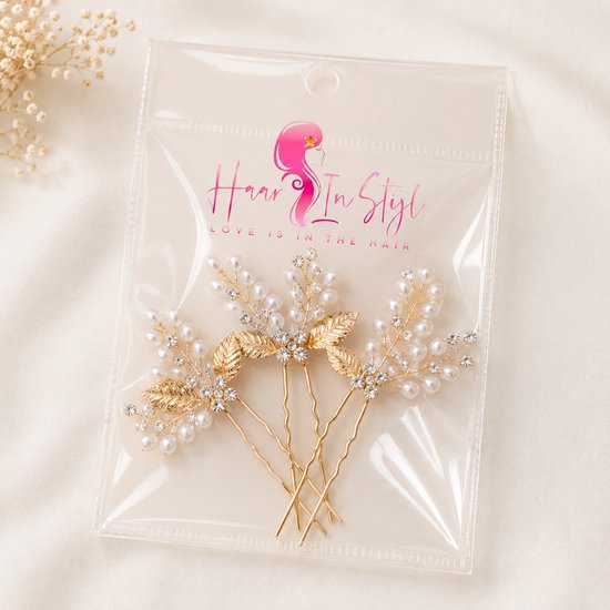 Cheveux in Style® Safa Series - Pearl Crystal Leaf Goud - Set de 3 points de cheveux dorés avec perles, cristaux et feuilles d'or