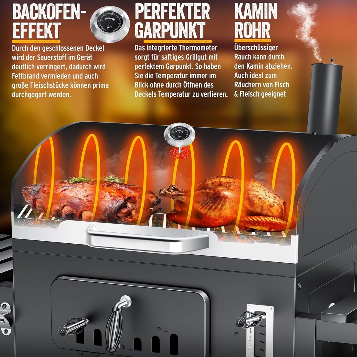 Houtskool Barbecue Grillwagen XXL met Deksel en Thermometer – House&Garden Premium Smoker BBQ – Grote Kolenbarbecue met Warmhoudrek, Ventilatie, Wielen, Legplanken en RVS Frame – Buiten Grill voor Tuin & Terras 153 cm