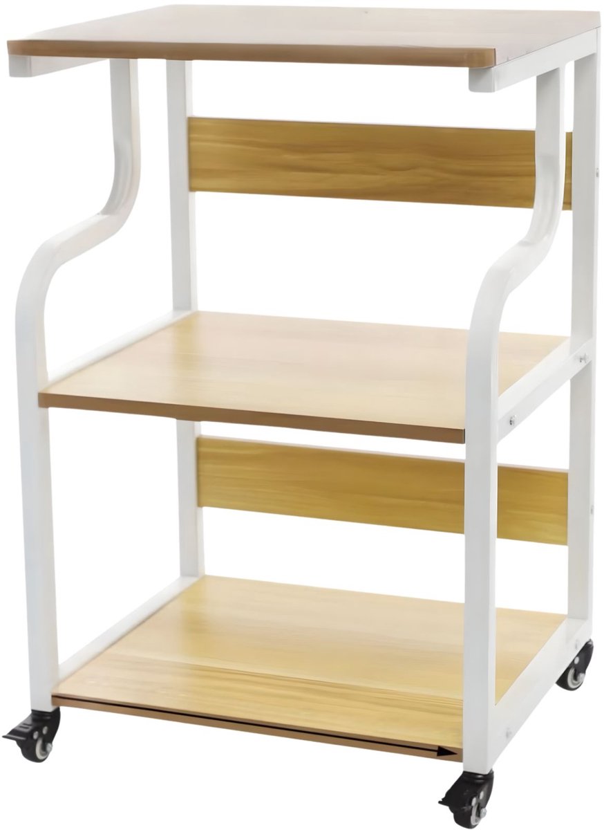 Happiq Printerstandaard – Voor Thuiskantoor – 3-laags met Opbergplank en Zwenkwielen, Afmetingen 50×40×75 cm – Metaal/Spaanplaat, Zwart Wit + Licht walnoot