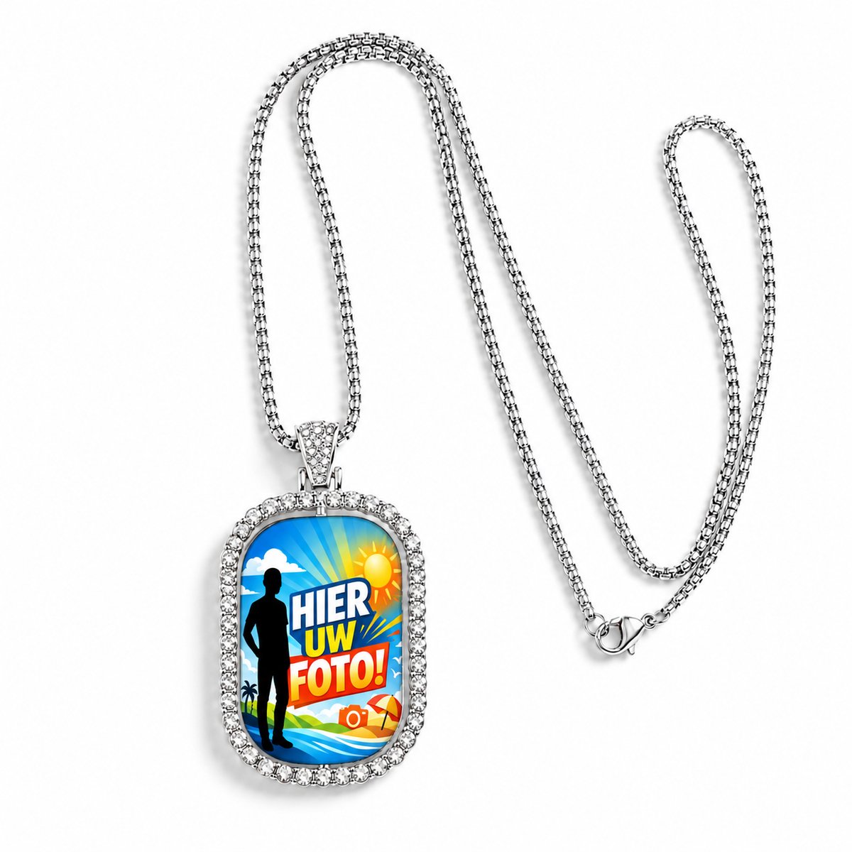 Gepersonaliseerde Halsketting met Foto – Draaibare Fotohanger met Dubbelzijdige Fotoprint – Roterende Ketting met Foto – Zilverkleurige Hanger met Strassrand – Persoonlijk Cadeau voor Haar en Hem