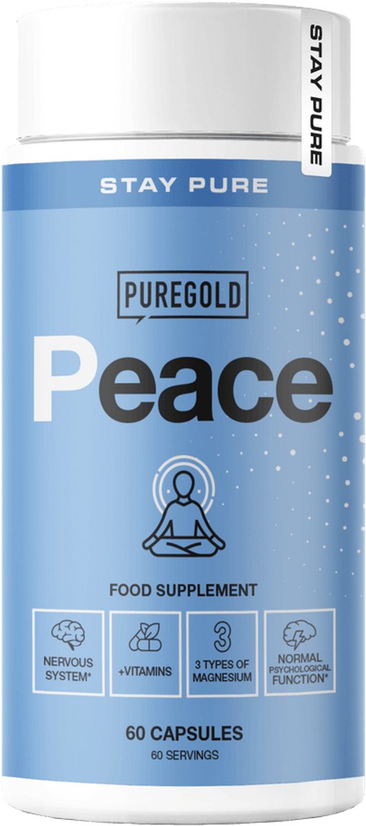 Pure Gold Peace – 60 Capsules – 3 Soorten Magnesium met Niacine, Vitamine B6 & B5 – voor het Zenuwstelsel
