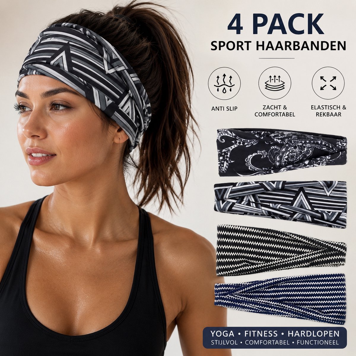 Sport Haarbanden Dames – 4 Pack – Elastisch – Voor Fitness, Yoga & Hardlopen – Zwart/Navy Prints