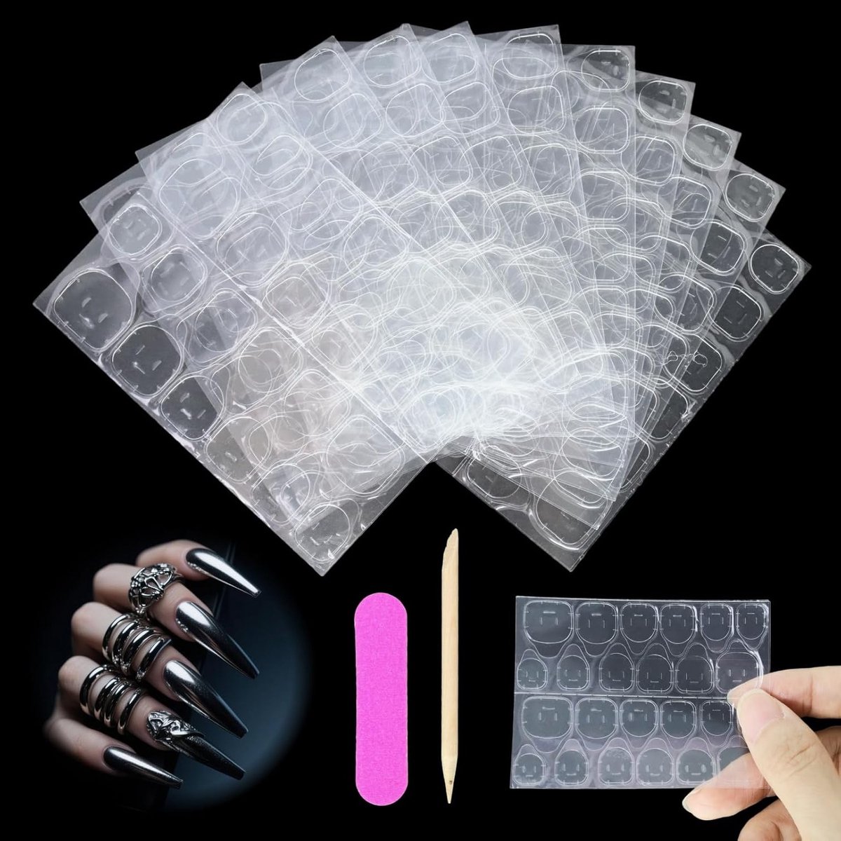 720 Stuks Dubbelzijdige Transparante Nagellijm Stickers Set | 30 Vellen met 720 Stickers in 12 Maten, Inclusief Cuticle Pusher en Vijl voor Eenvoudige DIY Manicures en Nagelverzorging