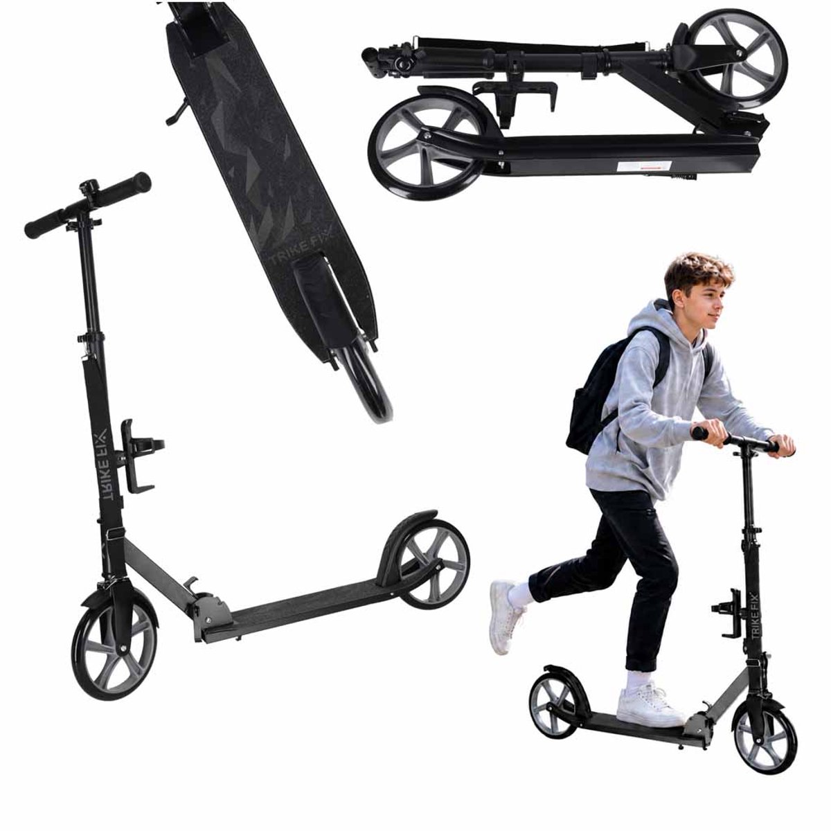 Playos® - Opvouwbare Step - tot 100 kg - Zwart - Inclusief Bel, Draagriem en Bidonhouder - Grote Wielen - Verstelbaar Stuur - Inklapbaar - met Standaard