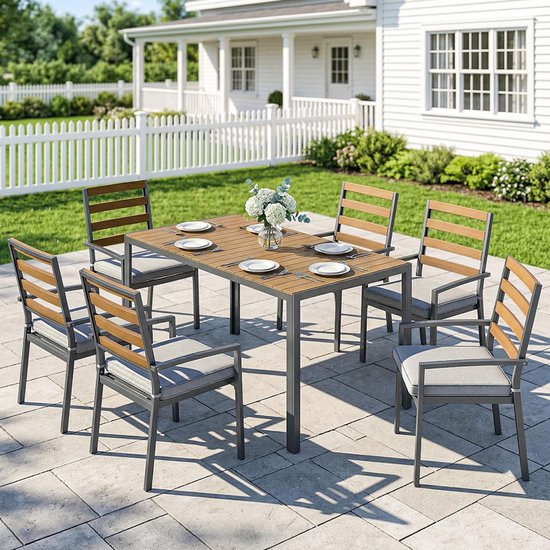Table à manger de jardin avec 6 chaises, assise et dossier en bois, coussin gris