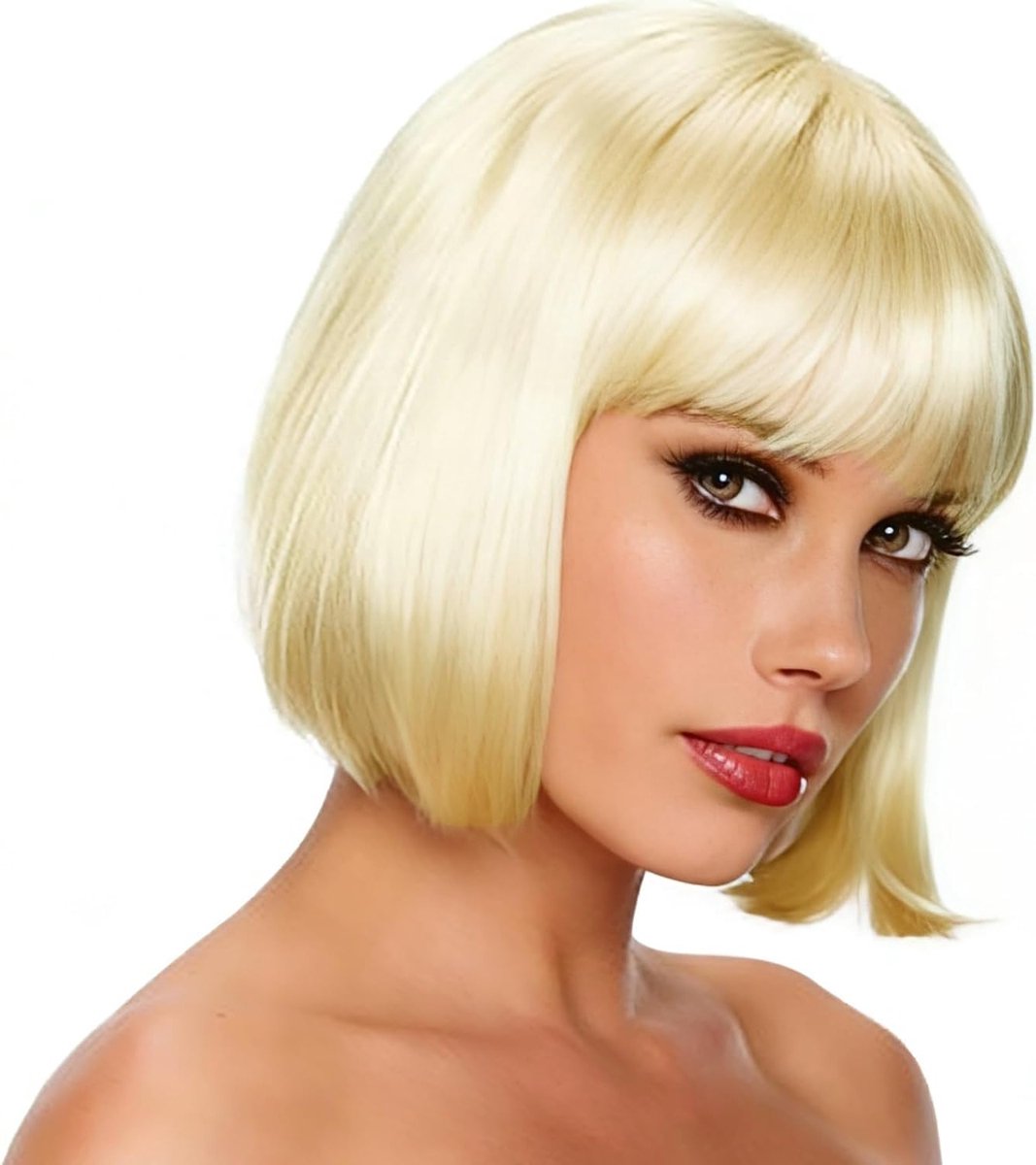 Korte synthetische blonde pruik van 30 cm met bangs voor vrouwen, ideaal voor carnaval en rollenspel