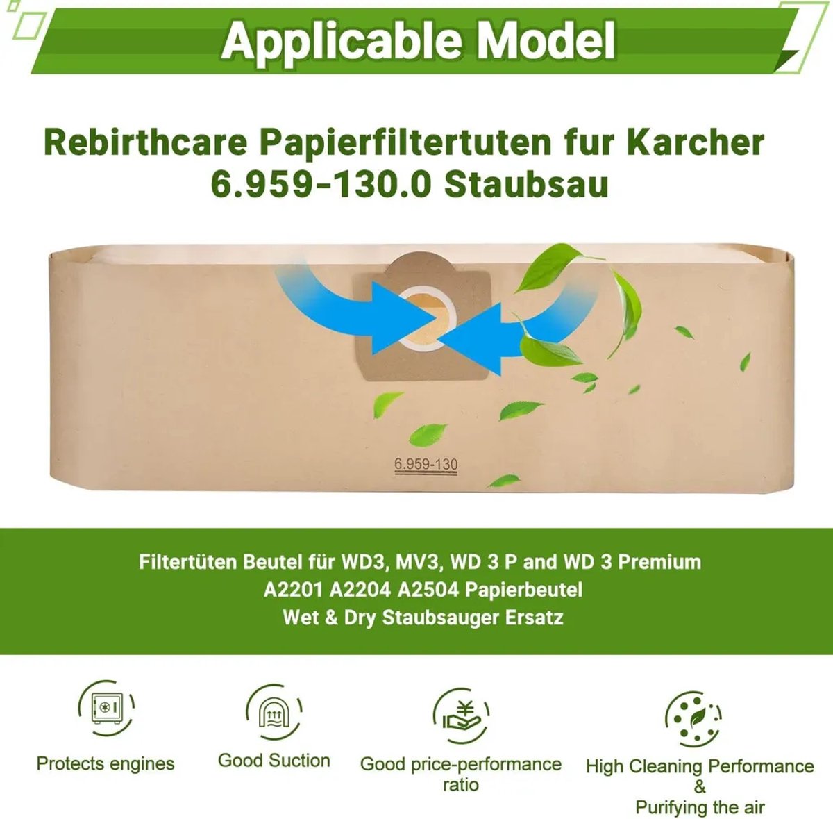 10 stofzuigerzakken + 1 filter, Geschikt voor de Kärcher WD3, WD3P, MV3 en MV3P stofzuigers.