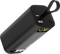 Zwarte NexZone Power+ powerbank met 130W, 20000mAh, twee USB-C poorten en LED display.