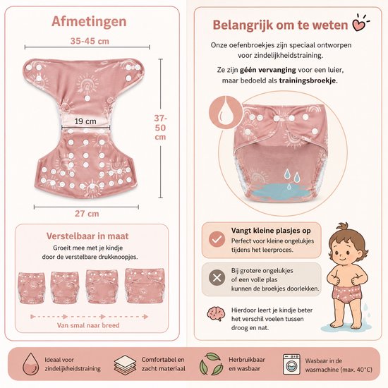Informatiepagina met afmetingen en illustraties van een zalmroze oefenbroekje met zonnetjes, schaalbaar.