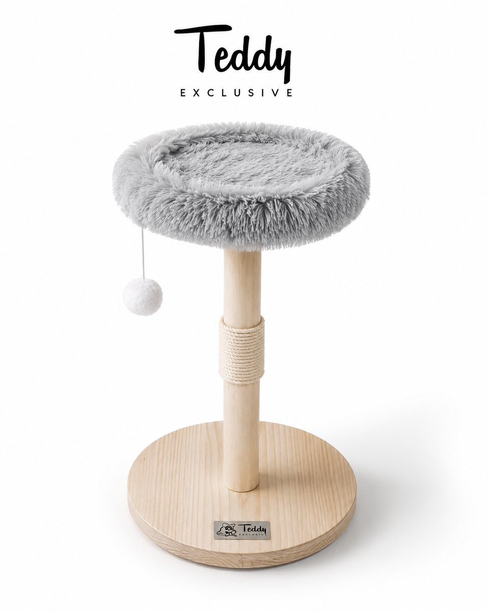 Teddy Exclusive Krabpaal Tommie – Luxe Kattenkrabpaal van Massief Hout met Ergonomisch Kussen – Voor Kleine en Grote Katten – H75 x Ø45 cm – Lichtgrijs