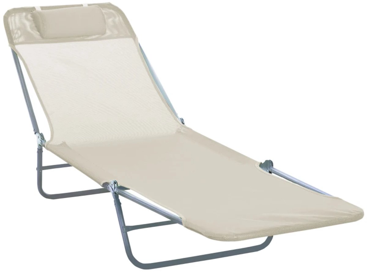 Opklapbare Ligbed met Hoofdsteun - Ligstoel met 4-standen Verstelbare Rugleuning - Tuinstoel - Strandstoel - Campingligstoel - tot 120 kg - Zonnebed - Relaxstoel voor Tuin, Terras, Zwembad & Balkon - Crème