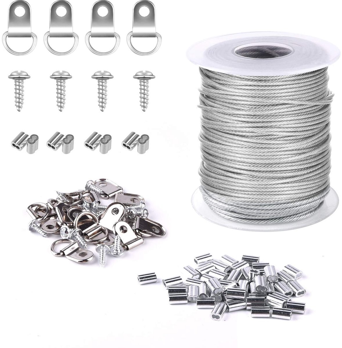 1.5mmx30m Foto Lijndraad van RVS met 30 Aluminium Kousen en 15 D-ring Hangers voor Tot 25kg Belastbaarheid