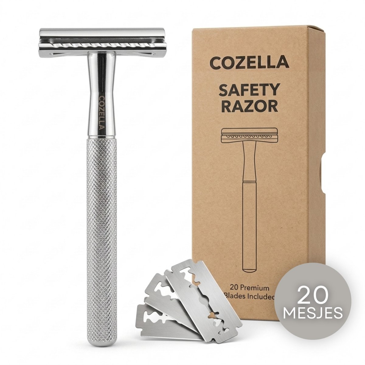 COZELLA® Safety Razor Zilver – RVS Scheermes voor Mannen en Vrouwen – 20 Scheermesjes – Ingegroeide Haren