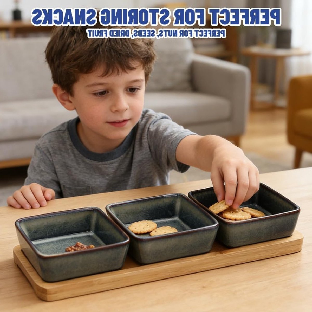 3-delige serveerschalen set van hout met plank voor snacks, dips en tapas in groen