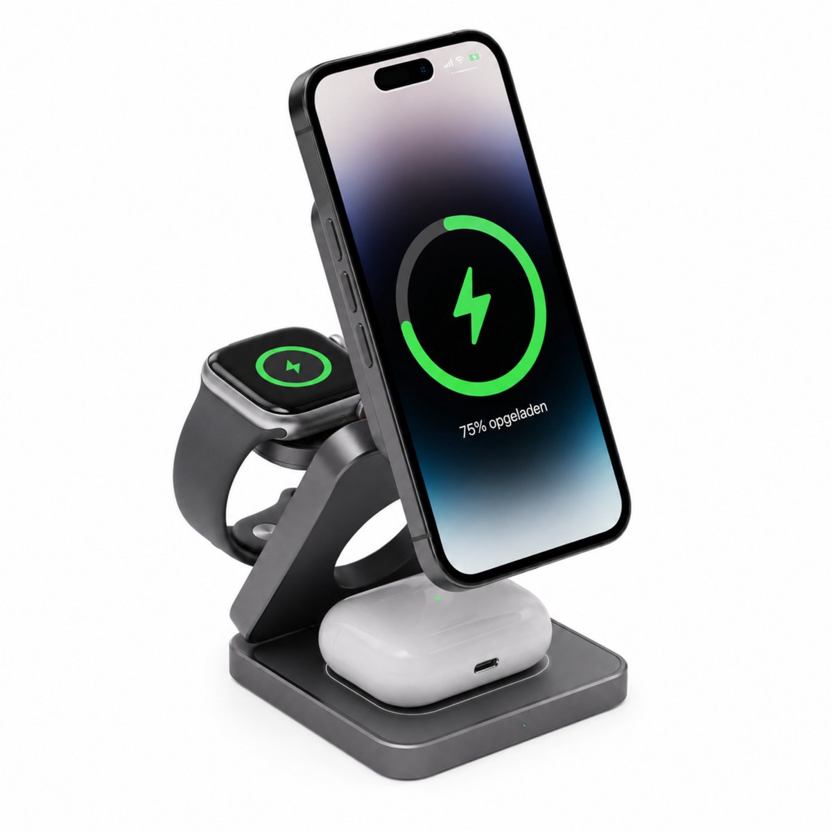 Mastersøn 3 in 1 Draadloze Oplader - Geschikt voor MagSafe Oplader & Apple - Opvouwbaar Qi2 Oplaadstation - Laadstation voor iPhone, AirPods & Watch - Space Grey
