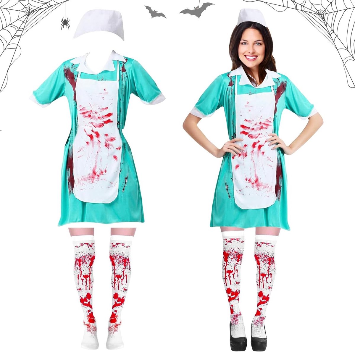 Creepy Bloody Horror Verpleegster Kostuum voor Vrouwen - Halloween, Carnavalsoutfit en Cosplay met Schort en Kousen