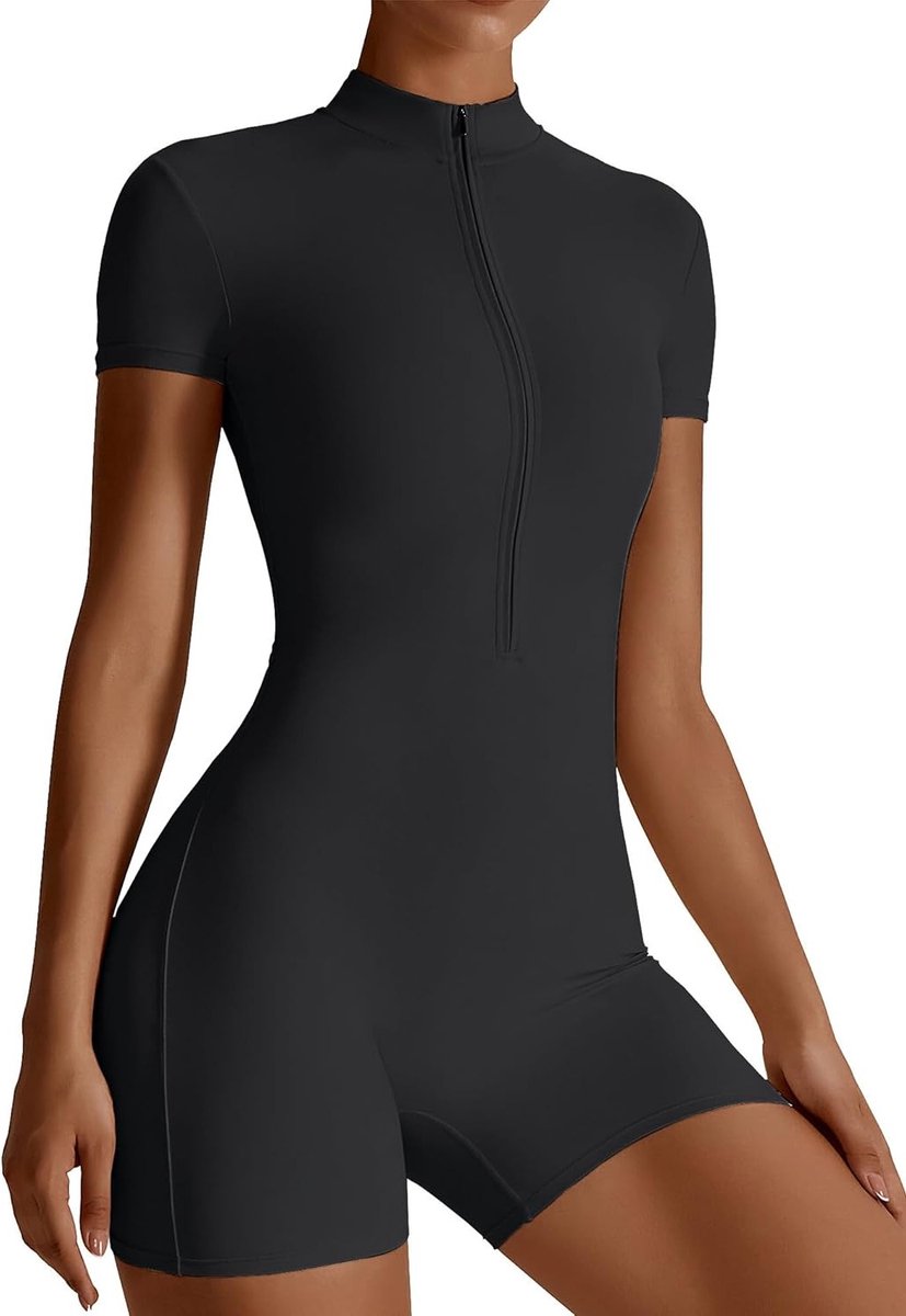 Dames Sport Jumpsuit Korte Slim Fit Yoga Bodysuit 1/2 Zip Zacht Rekbaar Eens stuk Sportoutfit voor Fitness en Jogging