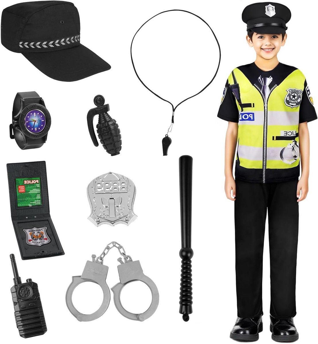 Politie Kostuum voor Kinderen, 13-delige Set met Hoed, Handboeien en Accessoires voor Jongens, Perfect voor Verkleedpartijen en Rollenspellen
