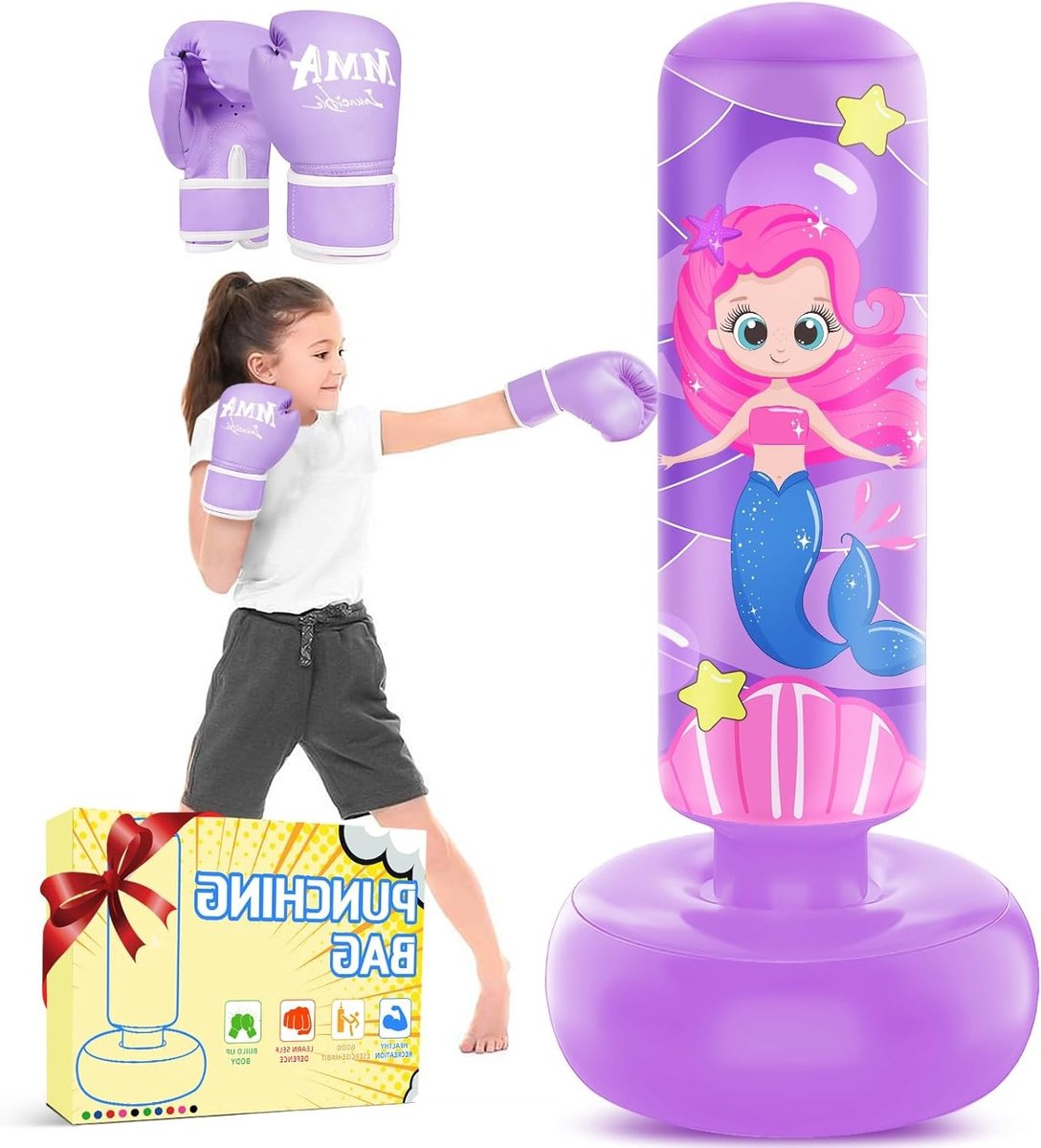 Grote Opblaasbare Bokszak voor Kinderen van 66 inch met Bokshandschoenen, Vrijstaand, Perfect voor Karate, Taekwondo en MMA Training, Geweldig Cadeau voor Meisjes van 5-12 Jaar