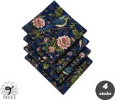 Set van 4 donkerblauwe servetten met een vogel- en bloemendessin.