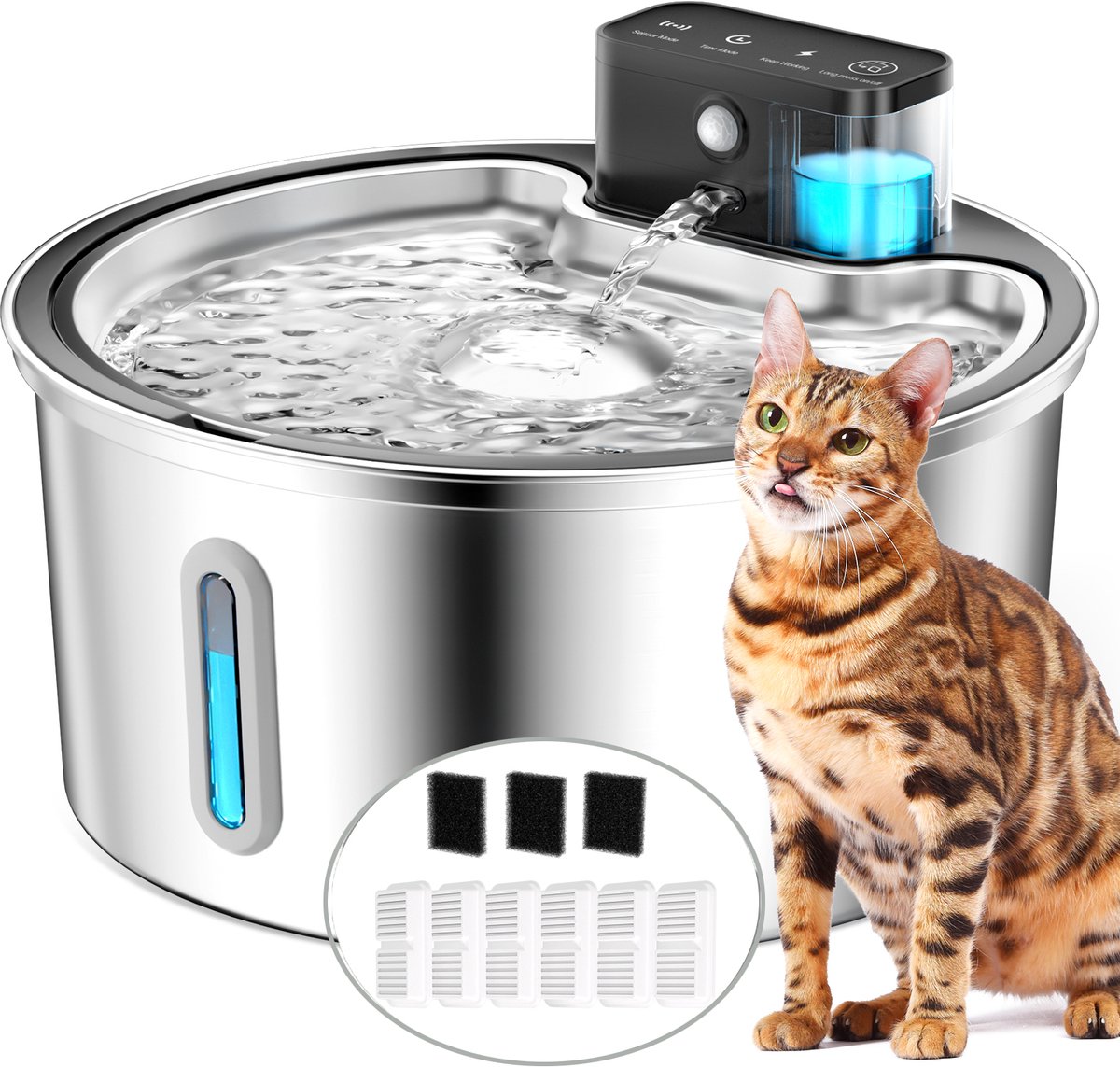 PAWPOLL Drinkfontein - Kat en Hond - RVS - Draadloze met Sensor - Met Sensor en 3 Werkmodus - 3.2 L - incl 6 Filter en 3 Sponzen