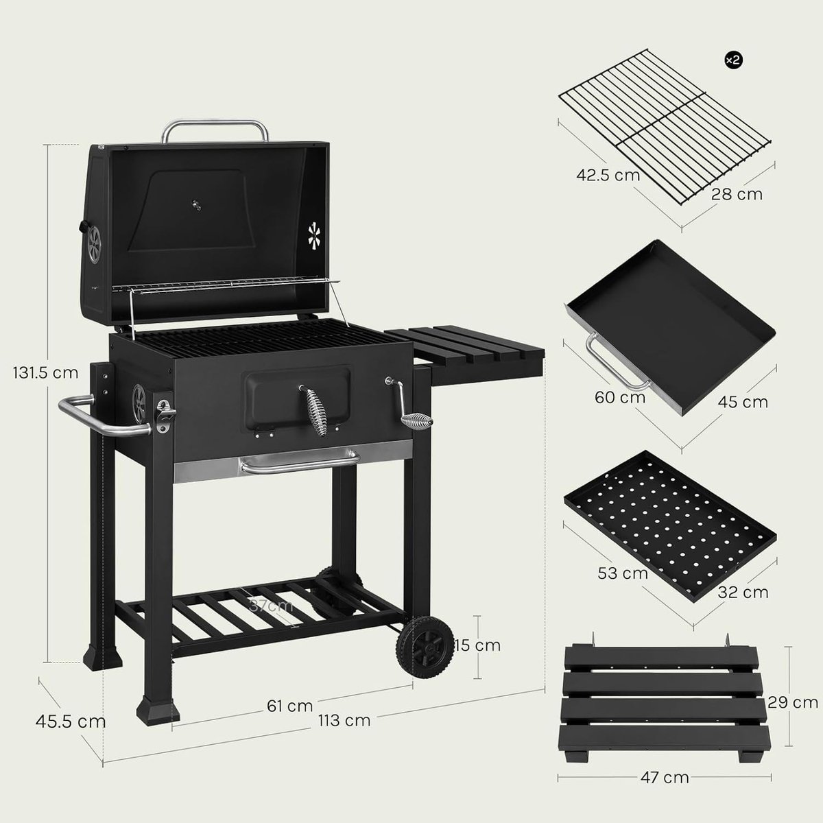 Houtskool Barbecue Grillwagen XXL – House&Garden Smoker BBQ met Deksel, Thermometer, Verstelbare Kolenbak, Rookfunctie, Dubbel Grillrooster, Zijtafel, Wielen & Aslade – Outdoor Tuinbarbecue 117x107x71 cm Zwart
