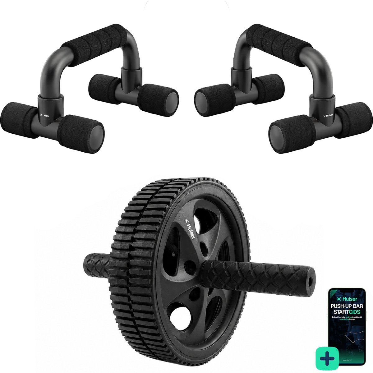 Hulser Sportieve bundel - Buikspierwiel en Opdruksteunen - Zwart - Met startgidsen - Push-up bars en Ab Wheel met kniemat - Sixpack trainer - Grips en Ab Roller - Buikspiertrainer - Opdrukken calisthenics steun