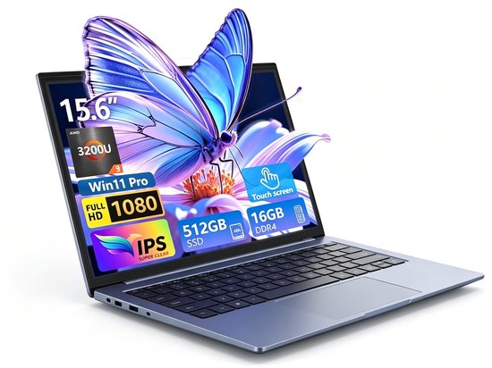 Ninkear 15.6" FHD IPS Touchscreen Laptop – 360° Flip 2-in-1 Convertible – AMD Ryzen 3 3200U – 16GB RAM – 512GB SSD – Windows 11 Pro – Dual-Band WiFi – Zilve - Ninkear - Hoofdafbeelding