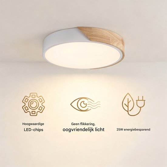 Ronde witte LED-plafondlamp met houten detail, met iconen voor hoogwaardige LED-chips, flikkervrij licht en energiebesparing.