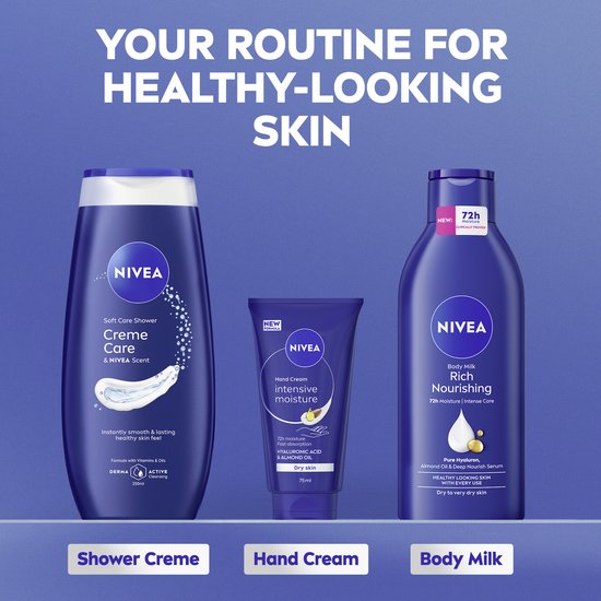 Drie Nivea-producten: Shower Creme, Hand Cream en Body Milk, met de tekst 'YOUR ROUTINE FOR HEALTHY-LOOKING SKIN'.