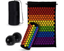 Acupressuur mat met spijkerkussen - Spijkermat met kussen Incl. 2x Triggerpoint ballen & draagtas - 65x40x2cm - Shakti mat - chakra kleuren