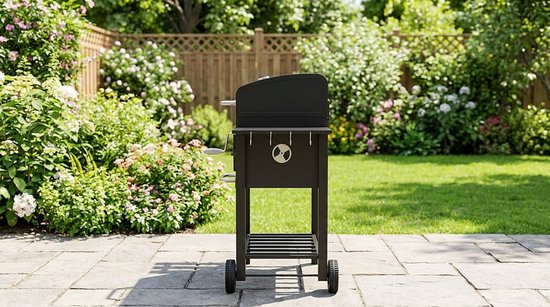 Houtskoolbarbecue Grillwagen 3-in-1 met Rookoven & Warmhoudrooster - House&Garden Premium Tuingrill met Deksel, Zijplanken, Aslade, Wielen & Verstelbare Houtskoolbak - Grote BBQ 124x66x112 cm - Zwart Metaal/Gietijzer — afbeelding 5