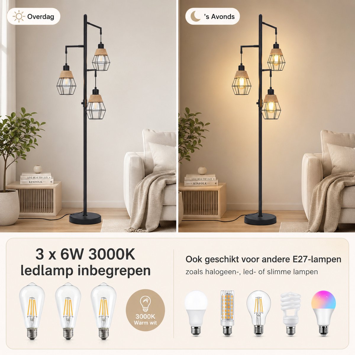 Rosnek Industriële Vloerlamp met 3-Lichts - Zwarte Staande Lamp - Vintage Metalen Leeslamp voor Woonkamer - Traploos Dimbaar - Lampadaire Industriel - Inclusief 3 LED Lampen thumbnail 8