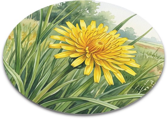 Ronde muismat met gele bloem van de kleine schorseneer (Scorzonera humilis) in een groen weiland - Botanische illustratie uit de Aquarel Series voor een sfeervolle en natuurlijke thuiswerkplek of bureau