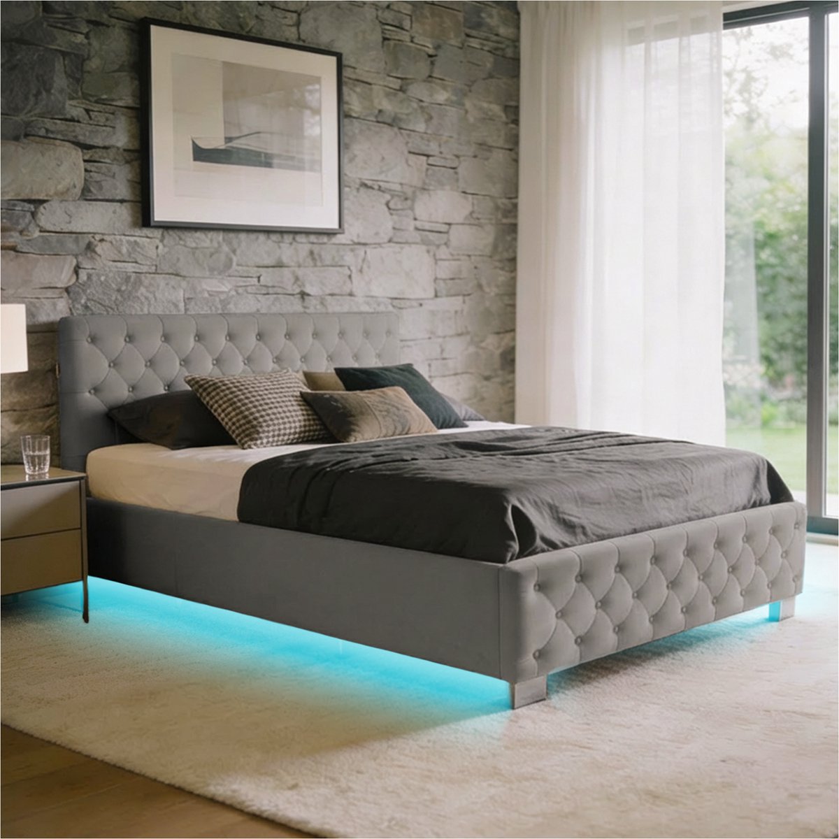 tectake® Gestoffeerd bed met lattenbodem - 180 x 200 cm - Donkergrijs - Tweepersoonsbed -