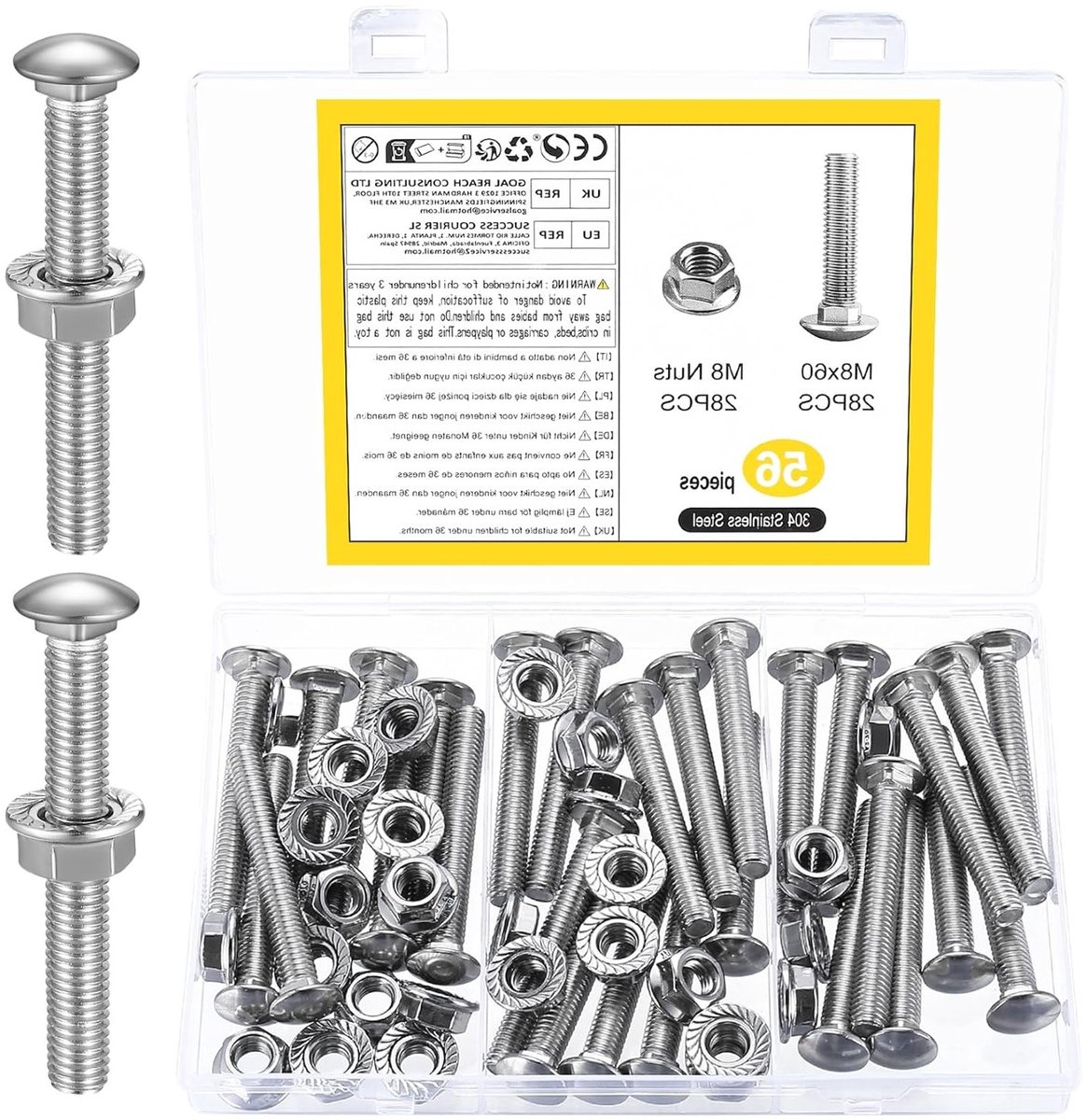 28-delige Set M8 x 60 mm RVS Lockschroeven met Flensmoeren, Schroefset voor Bevestiging en Montage