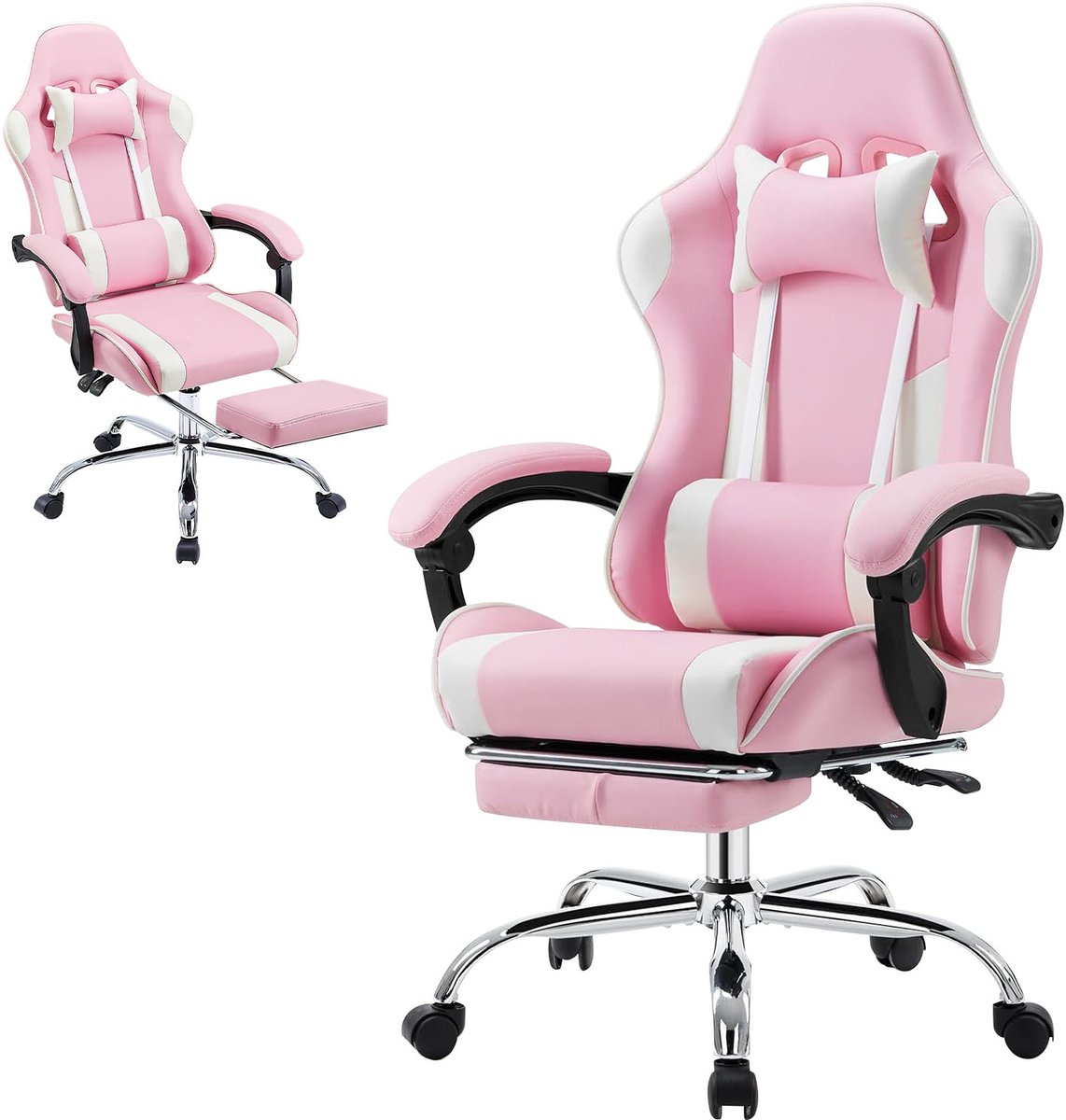 Gamingstoel / Ergonomische Bureaustoel - Kunstleer - Met Voetensteun, Hoofdsteun & Lendenkussen - Verstelbare Hoogte - 125 kg Draagvermogen