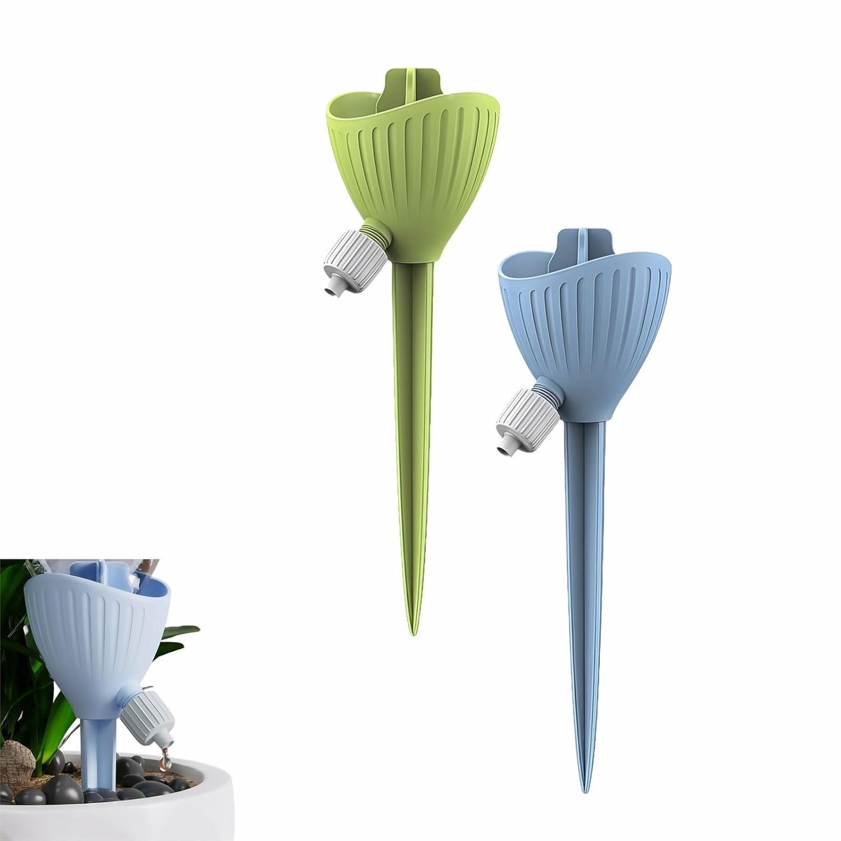 Set van 2 zelfwaterende plantenbakken - 5,9 × 5,4 × 17,7 cm - Met ventiel - Verstelbare druppelirrigatiestandaard - Automatisch bewateringssysteem voor potplanten binnen en buiten - Universeel model - Blauw, Groen
