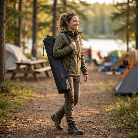 Zwarte campingstoel hoes dames en heren nylon draagtas voor opvouwbare campingstoel met draagriem beschermhoes en opbergtas voor moon chair kampeerstoel en outdoor gebruik — afbeelding 4