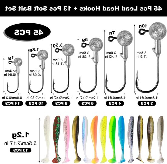 58 Stuks Rubber Vissen Jigkoppen in 6 Maten voor Zoet- en Zoutwater, Ideaal voor Baars en Andere Vissen met Realistische Softbaits — afbeelding 5