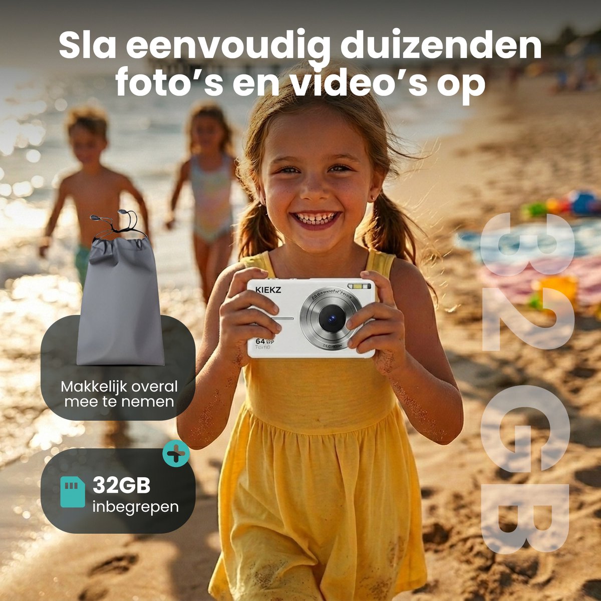 Kiekz Digitale Camera 64MP - Fotocamera Full HD - Mini Camera - Compact Camera - Fototoestel - Autofocus - Ideaal voor Kinderen en Beginners - Inclusief 32GB SD Kaart - Wit thumbnail 3